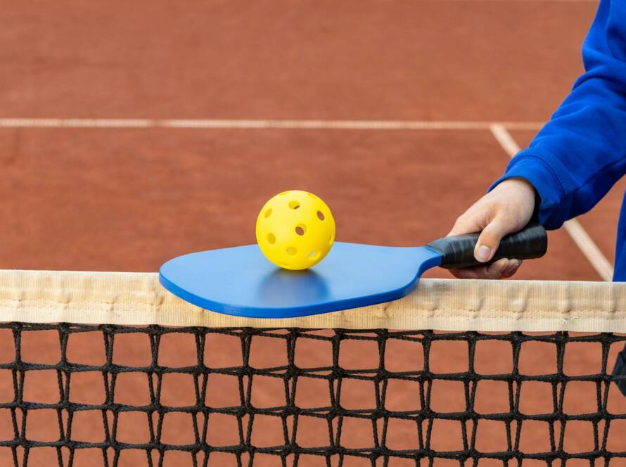 player resting pickleball on paddle and net